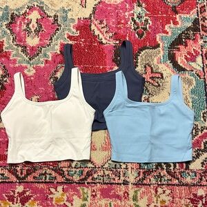 Set of Three Ribbed Crop Tops in White, Blue, and Navy